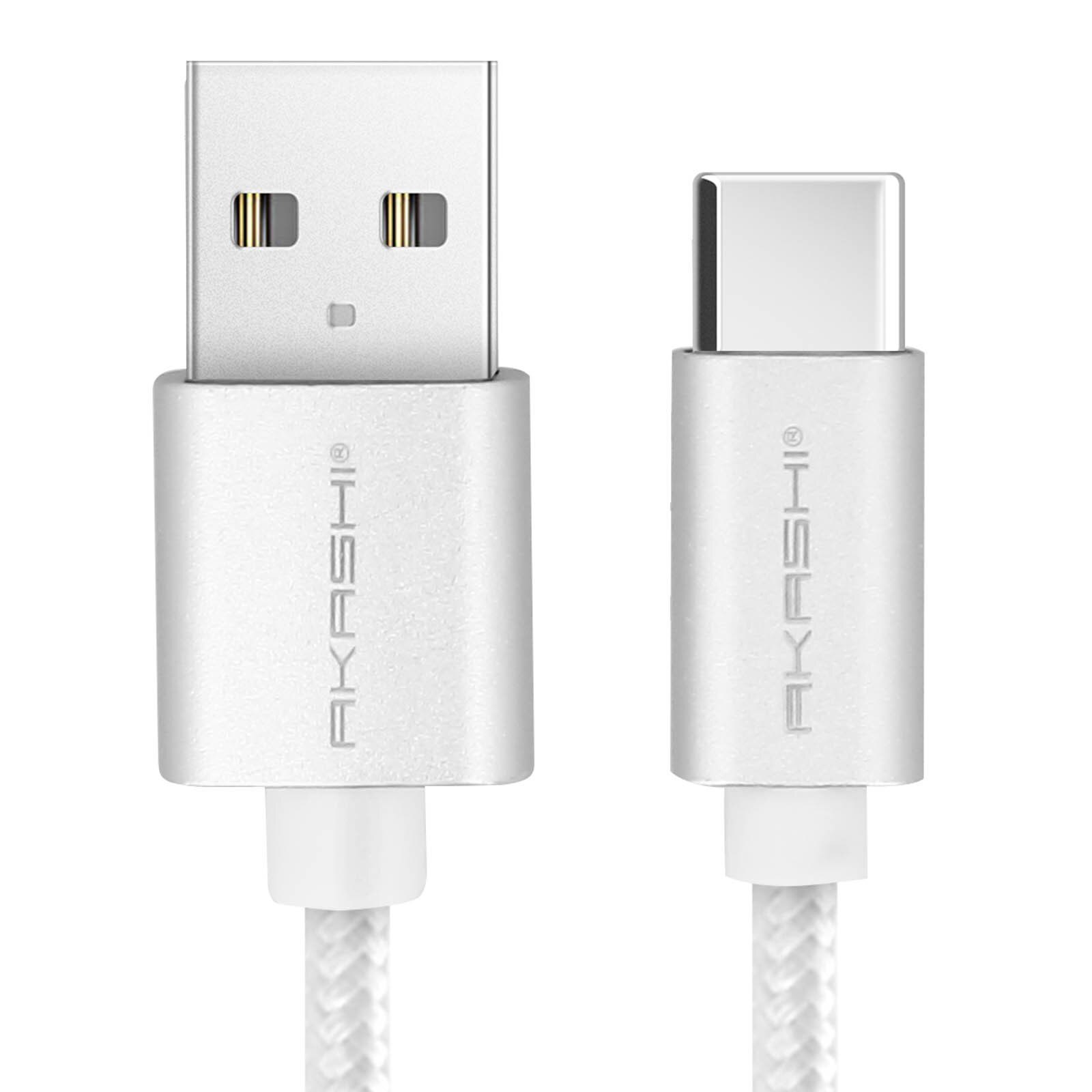 Cablu impletit AKASHI USB-C, 1m, 3A - incarcare rapida, Silver